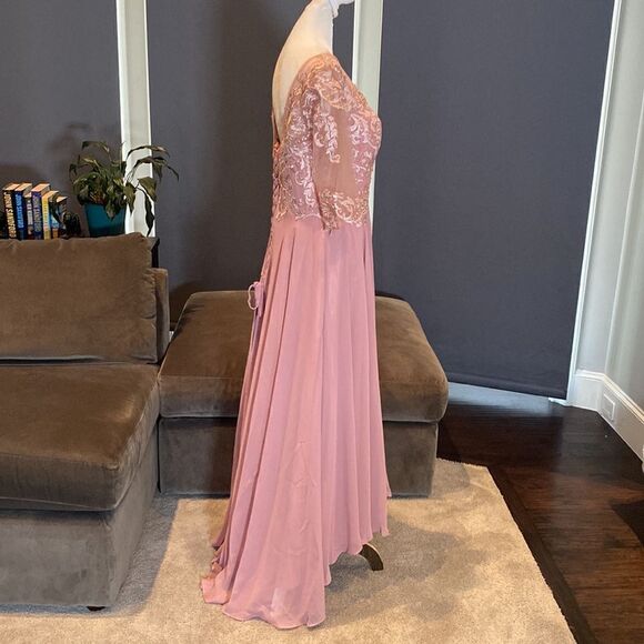 Women’s Pink A-Line Tea Length Chiffon & Lace Appliqué Dress Corset Back Size 12 - Picture 6 of 10